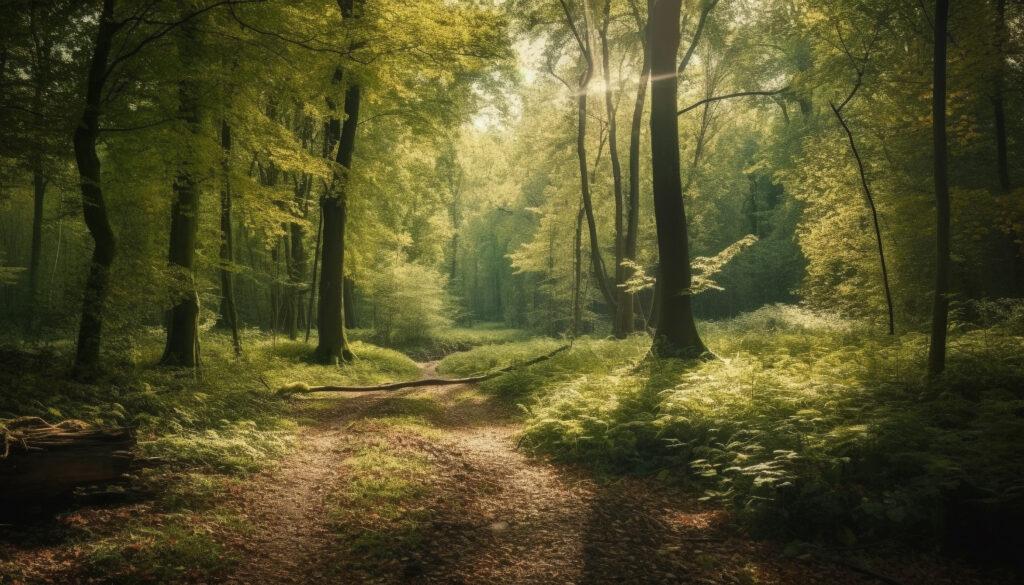 Tranquil forest path, autumn leaves crunching underfoot generated by artificial intelligence